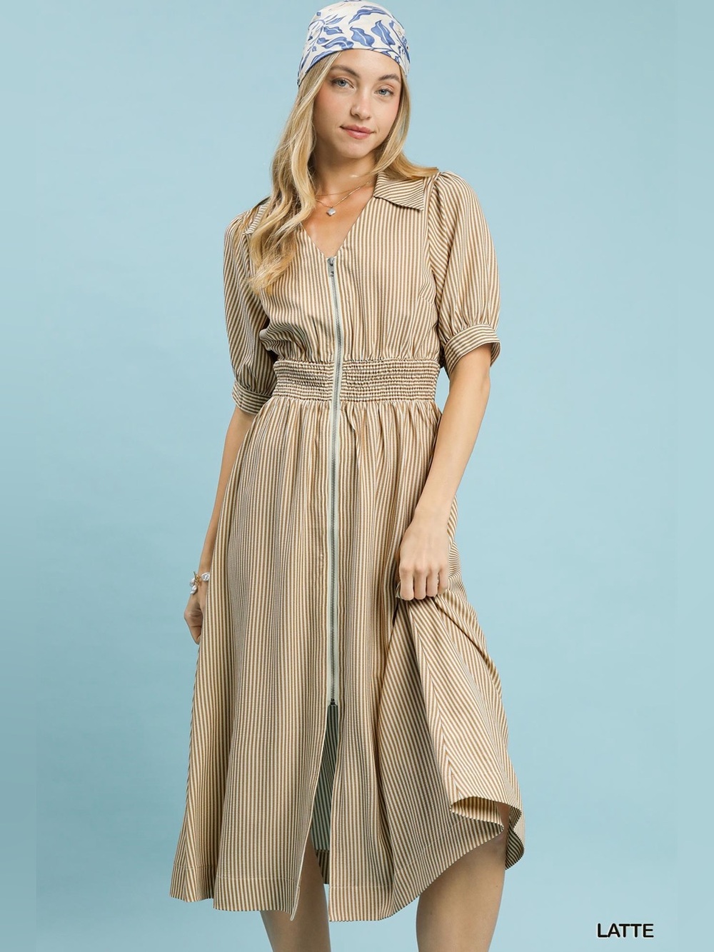 👀 💜Hello Gorgeous! Umgee Striped Midi Dress with Front Zipper- Mocha Latte